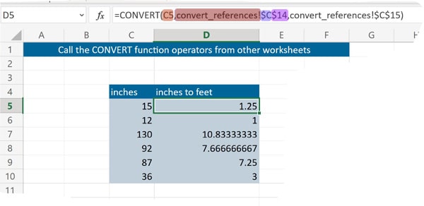 Excel convert function using abolsute cell references