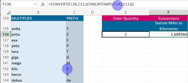 Excel convert function using CONCATENATE for prefixes