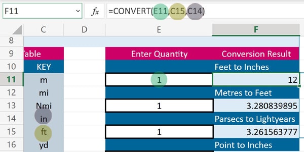 Excel convert function Feet to Inches