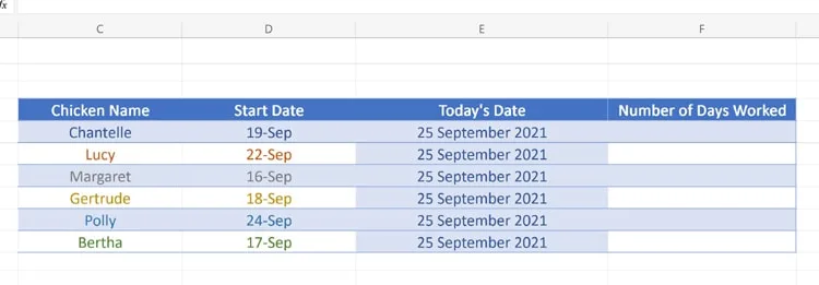 Excel DateDif Function raw data