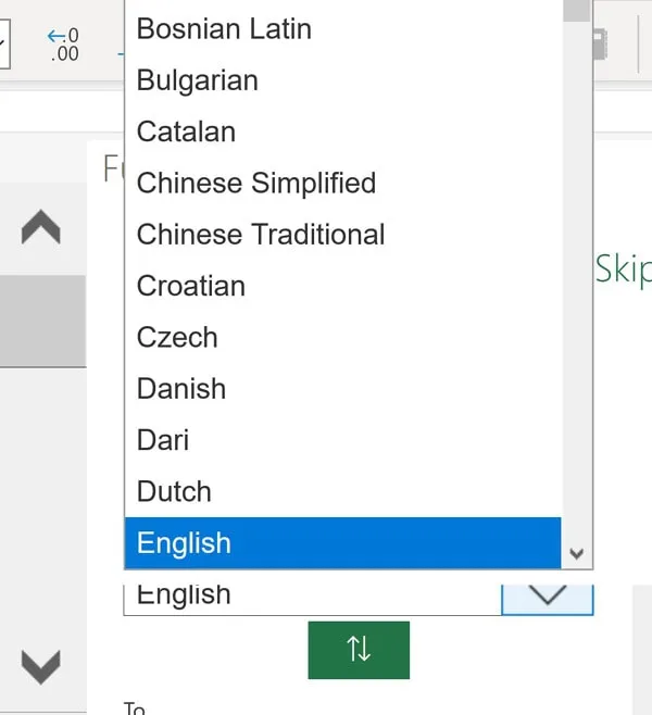 Excel Functions Translator Choose translation language
