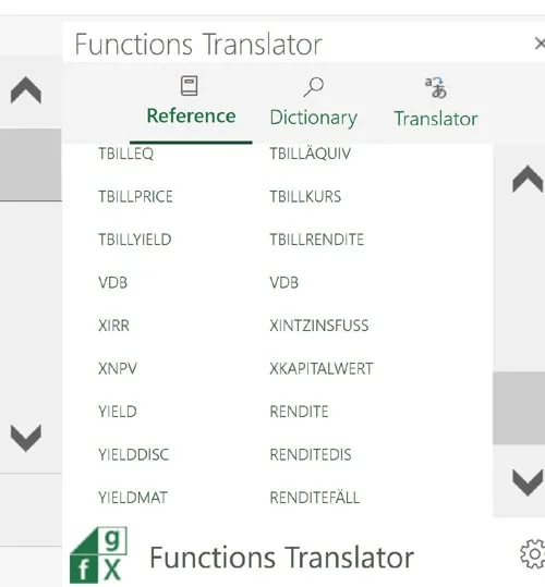 Excel Functions Translator Sections