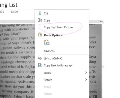 OneNote right mouse click picture to text