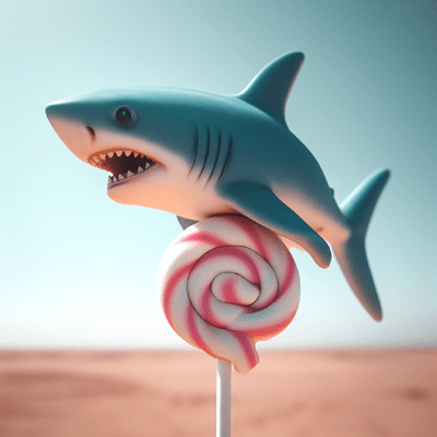 a shark stuck to a giant lollipop in the middle of the desert